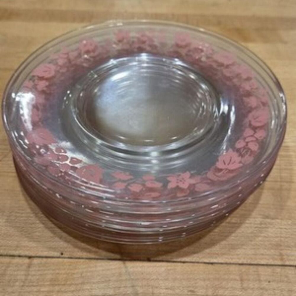 Vintage Anchor Hocking Set of 4 Pink Gooseberry Clear Glass Dessert Plates